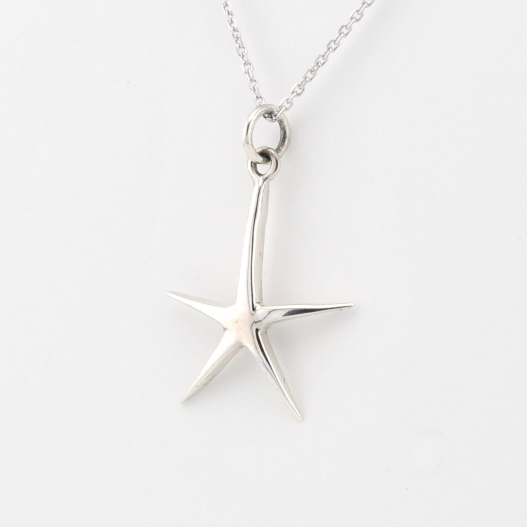 A polished silver starfish pendant necklace on a delicate silver chain, displayed against a clean white background.