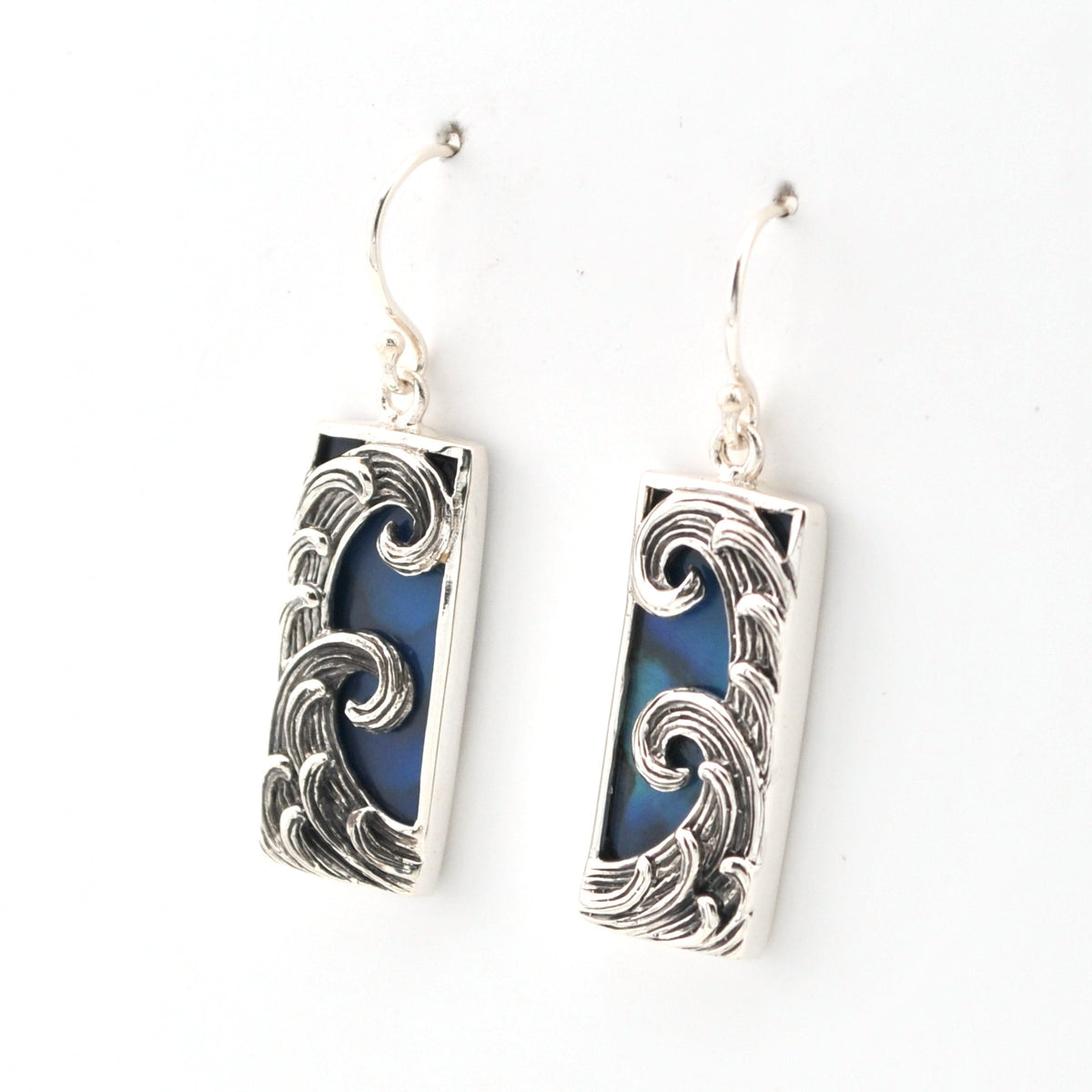 Side View Blue Abalone Rectangle Wave Earrings