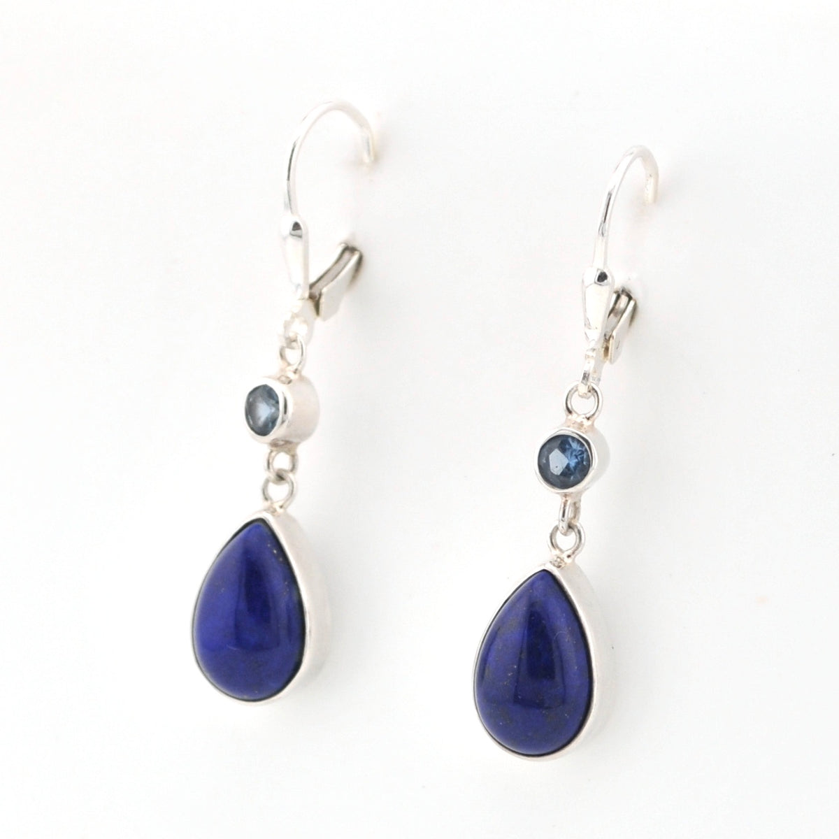 Side View Blue Topaz Lapis Dangle Earrings