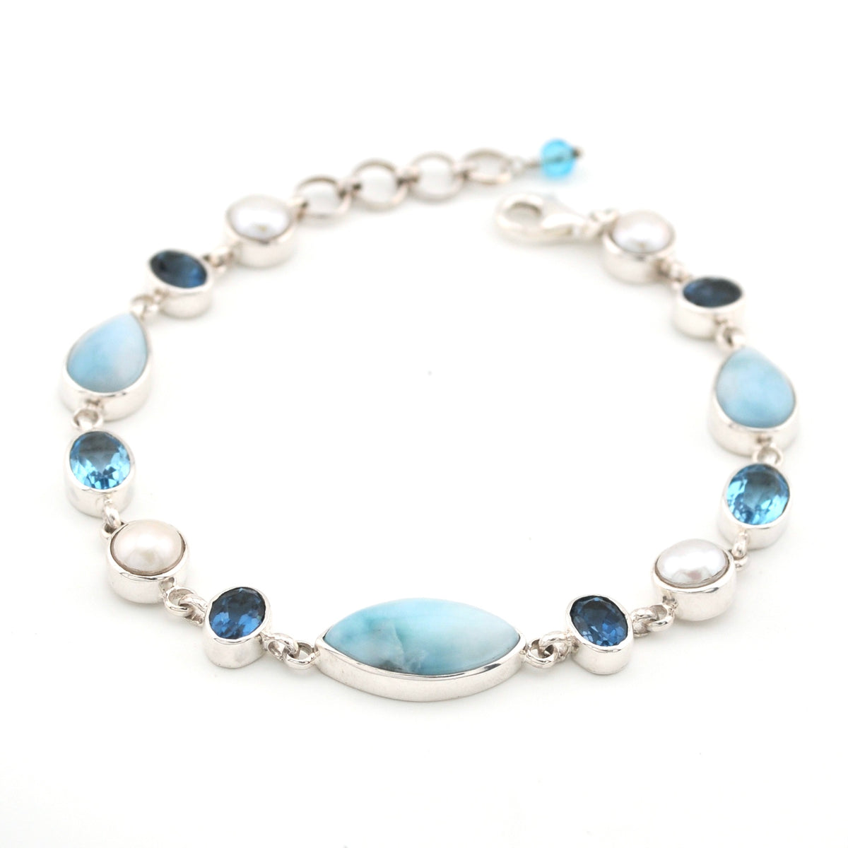 Side View Blue Topaz Larimar Pearl Bracelet