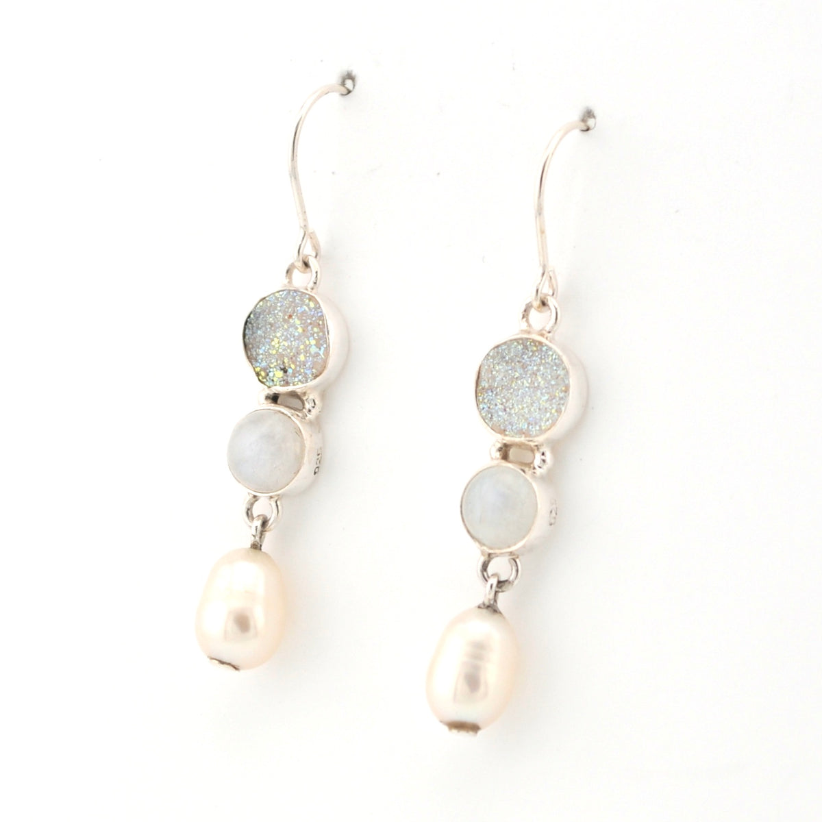 Side View Druzy Moonstone Pearl Dangle Earrings