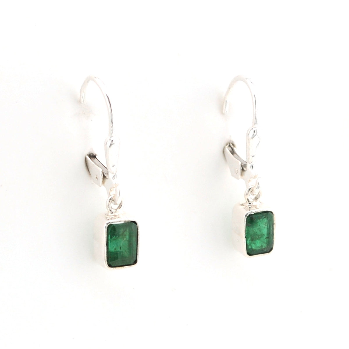 Side View Emerald 4x6mm Rectangle Dangle Earrings