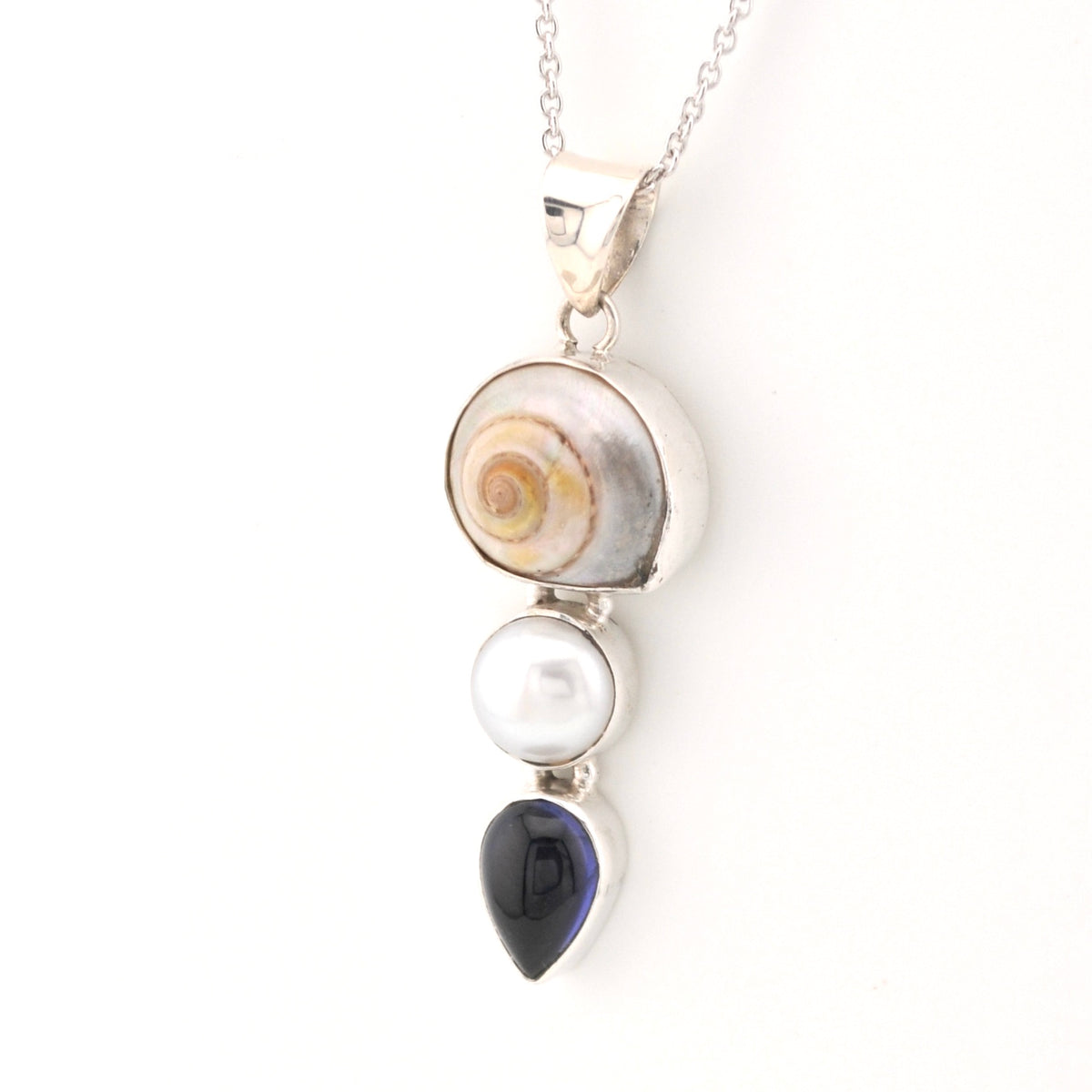 Side View Malabar Shell Pearl Iolite Necklace