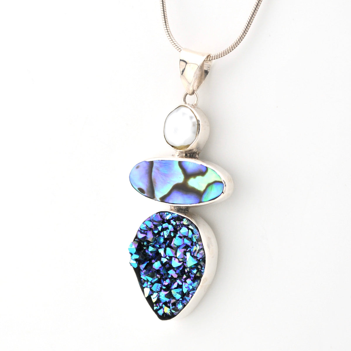 Side View Pearl Abalone Druzy Agate Pendant