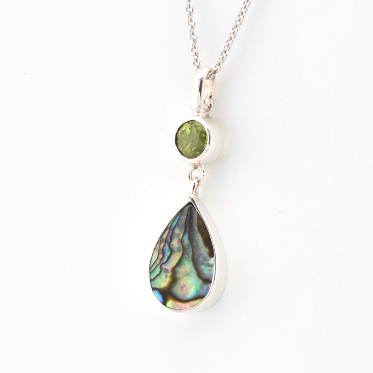 Side View Peridot Abalone Necklace