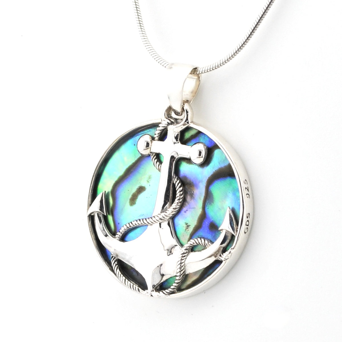 Silver pendant with abalone shell design on a white background