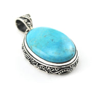 Side View Silver Arizona Turquoise 18x25mm Oval Bali Pendant