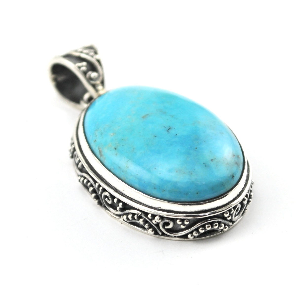 Side View Silver Arizona Turquoise 18x25mm Oval Bali Pendant
