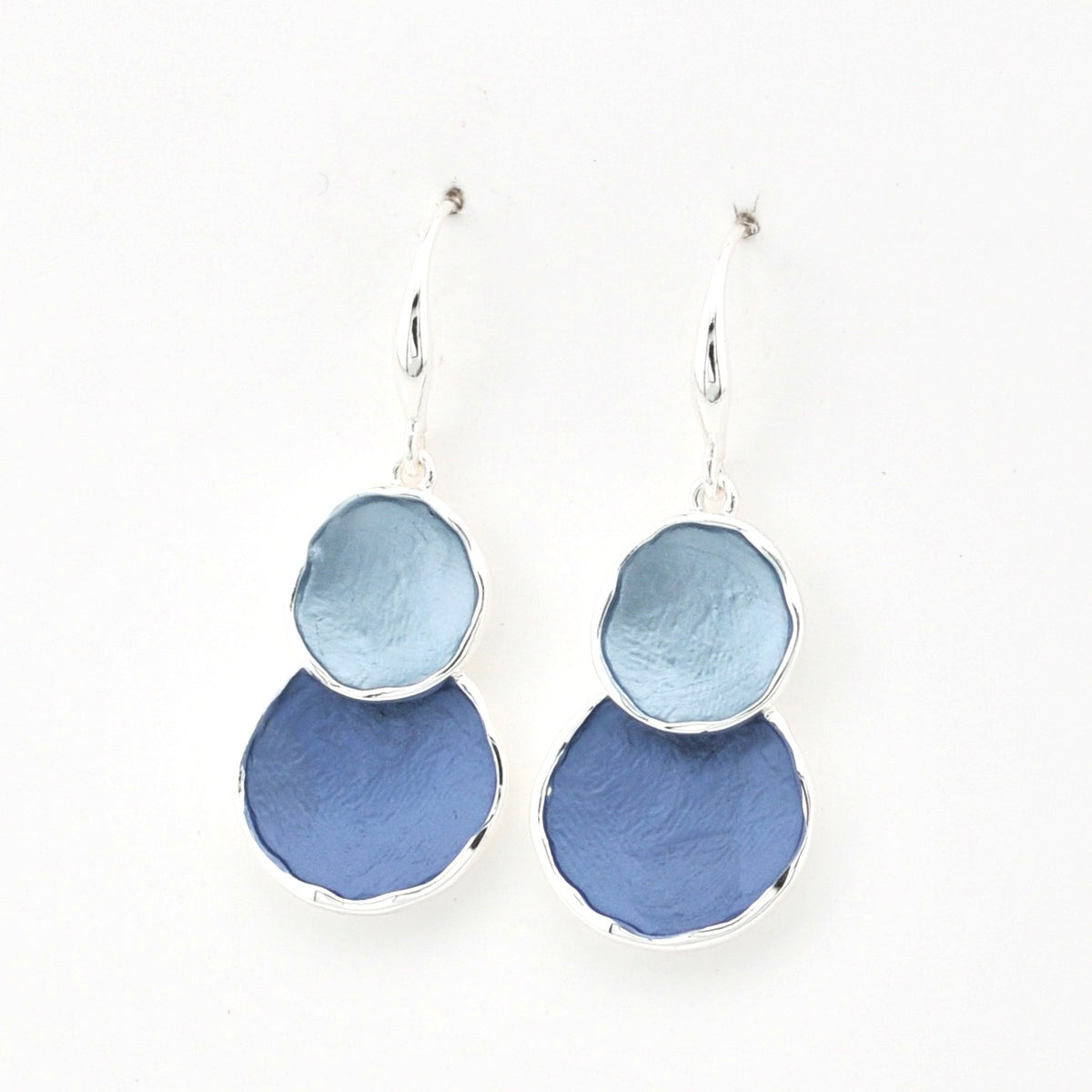 Side View Silver Blue Double Circle Earrings