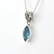 Side View Silver Blue Topaz 6x12mm Marquise Bali Necklace