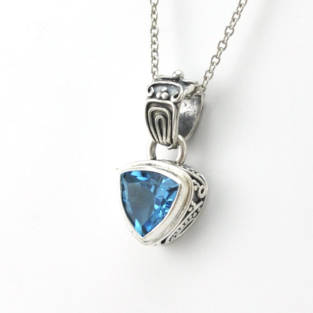 Side View Silver Blue Topaz 8mm Trillion Bali Necklace