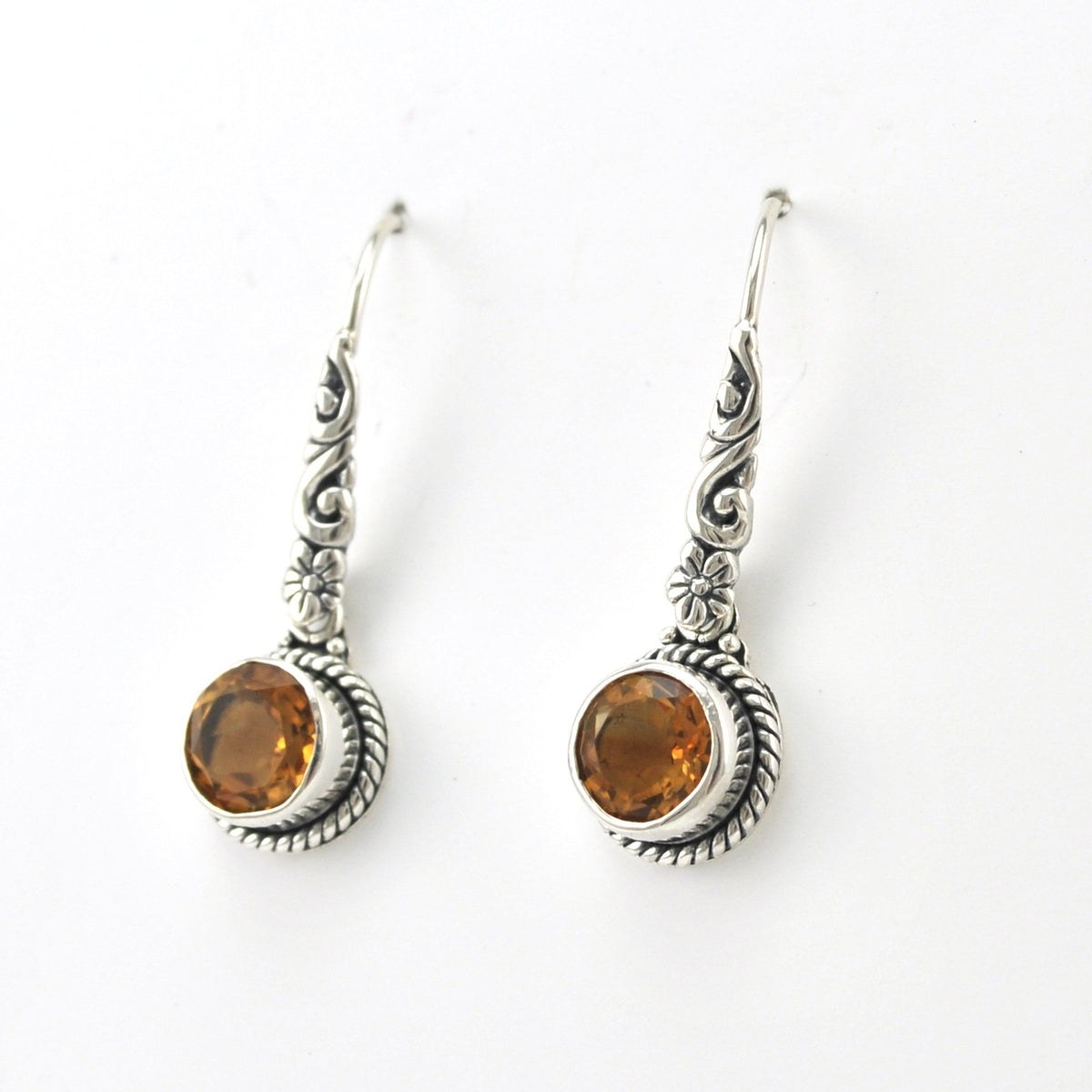 Side View Silver Citrine 7mm Round Bali Dangle Earrings
