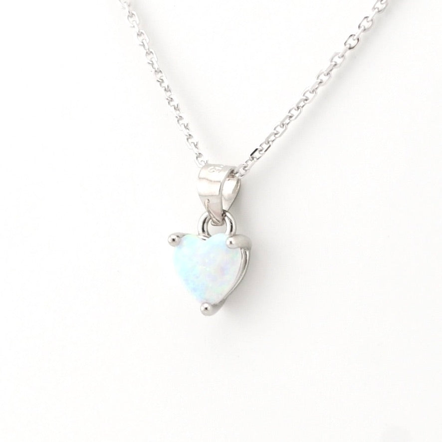 Side View Silver Created Opal Heart Pendant Necklace