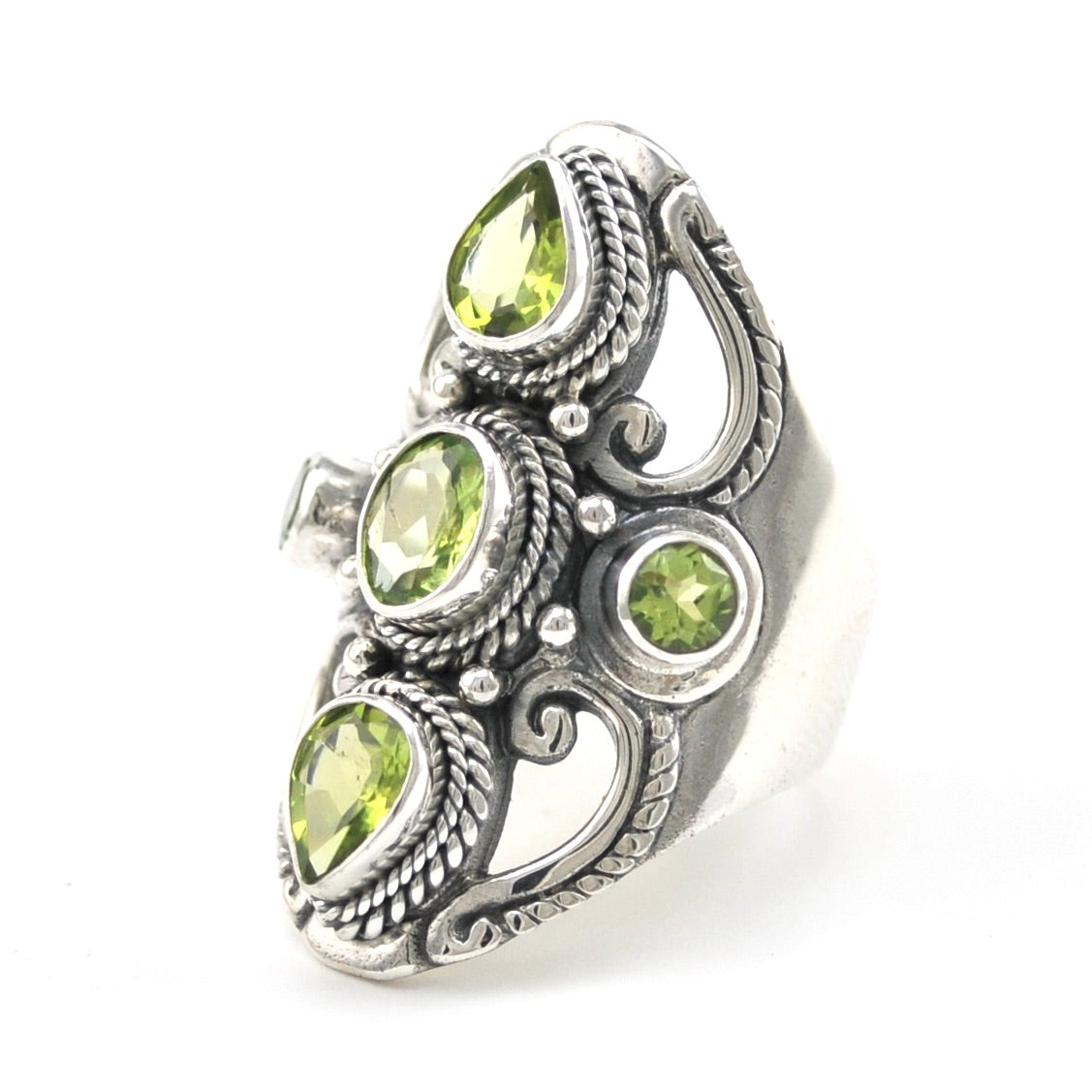 Side View Silver Peridot 5 Stone Bali Ring