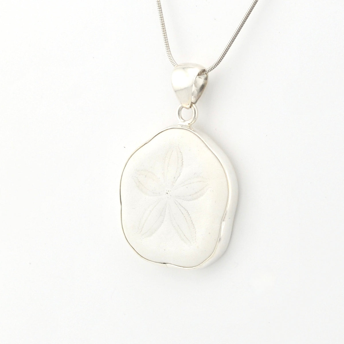 Silver pendant necklace on a white background