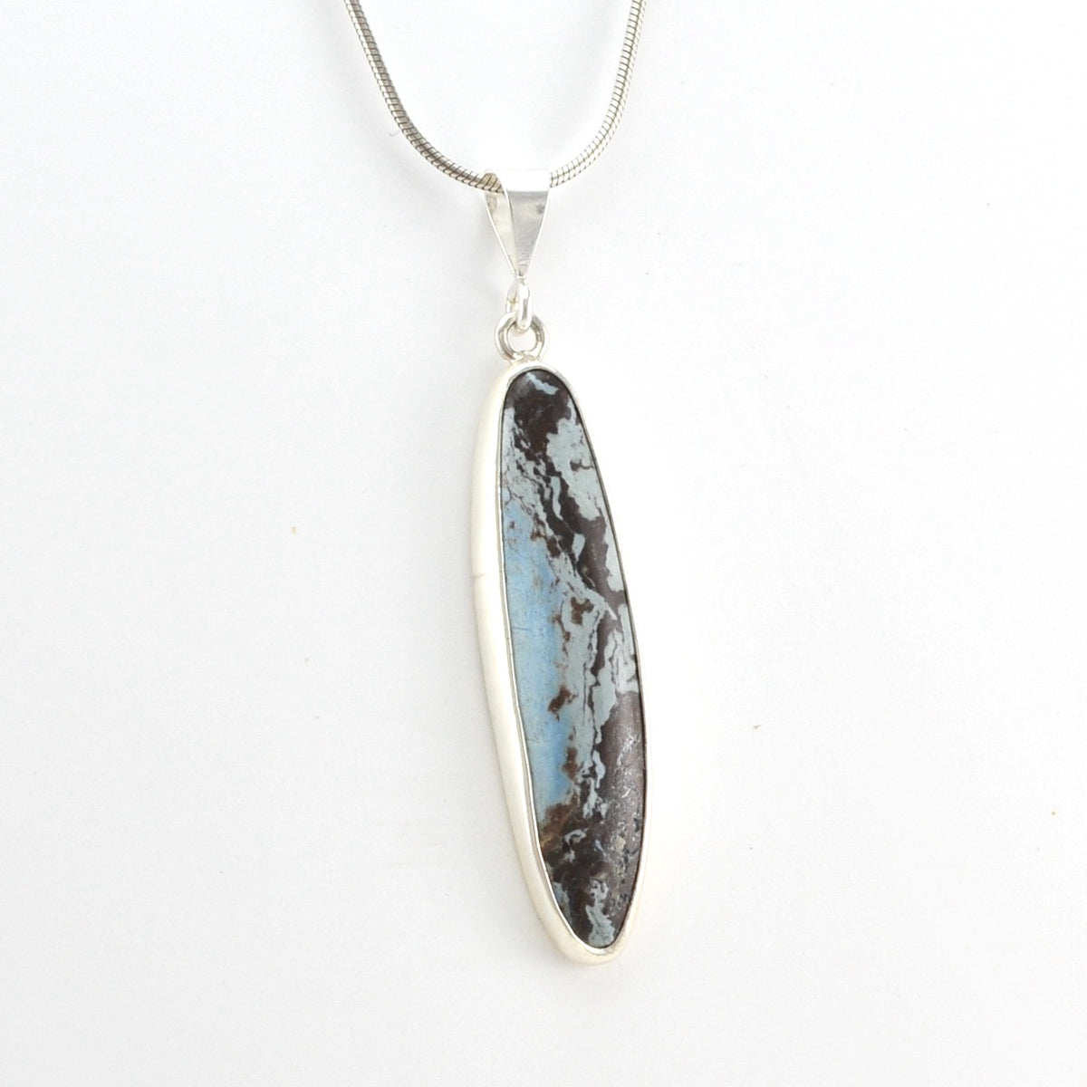 Side View Sterling Silver Aztec Lapis Long Oval Pendant