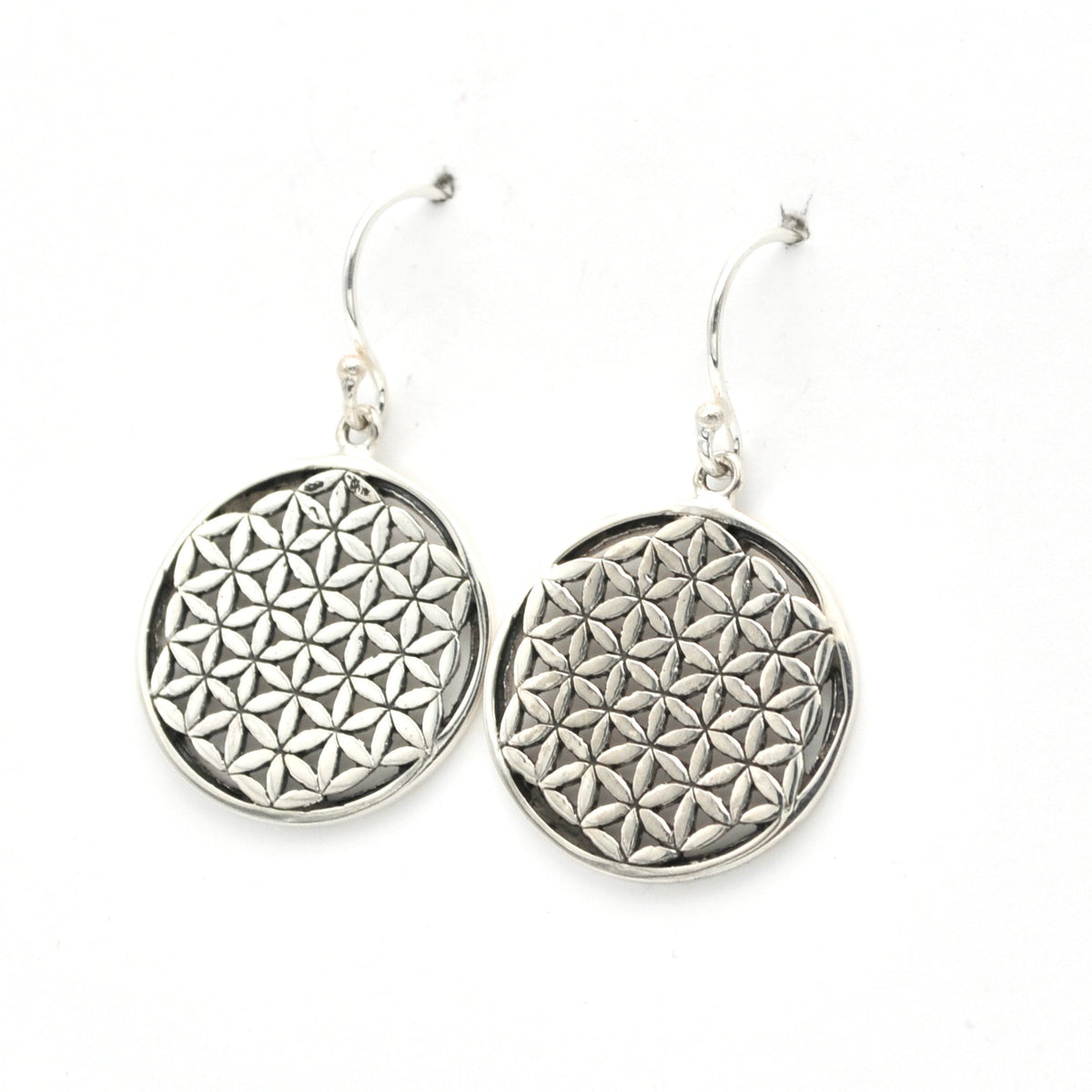 Side View Sterling Silver Flower of Life Dangle Earrings