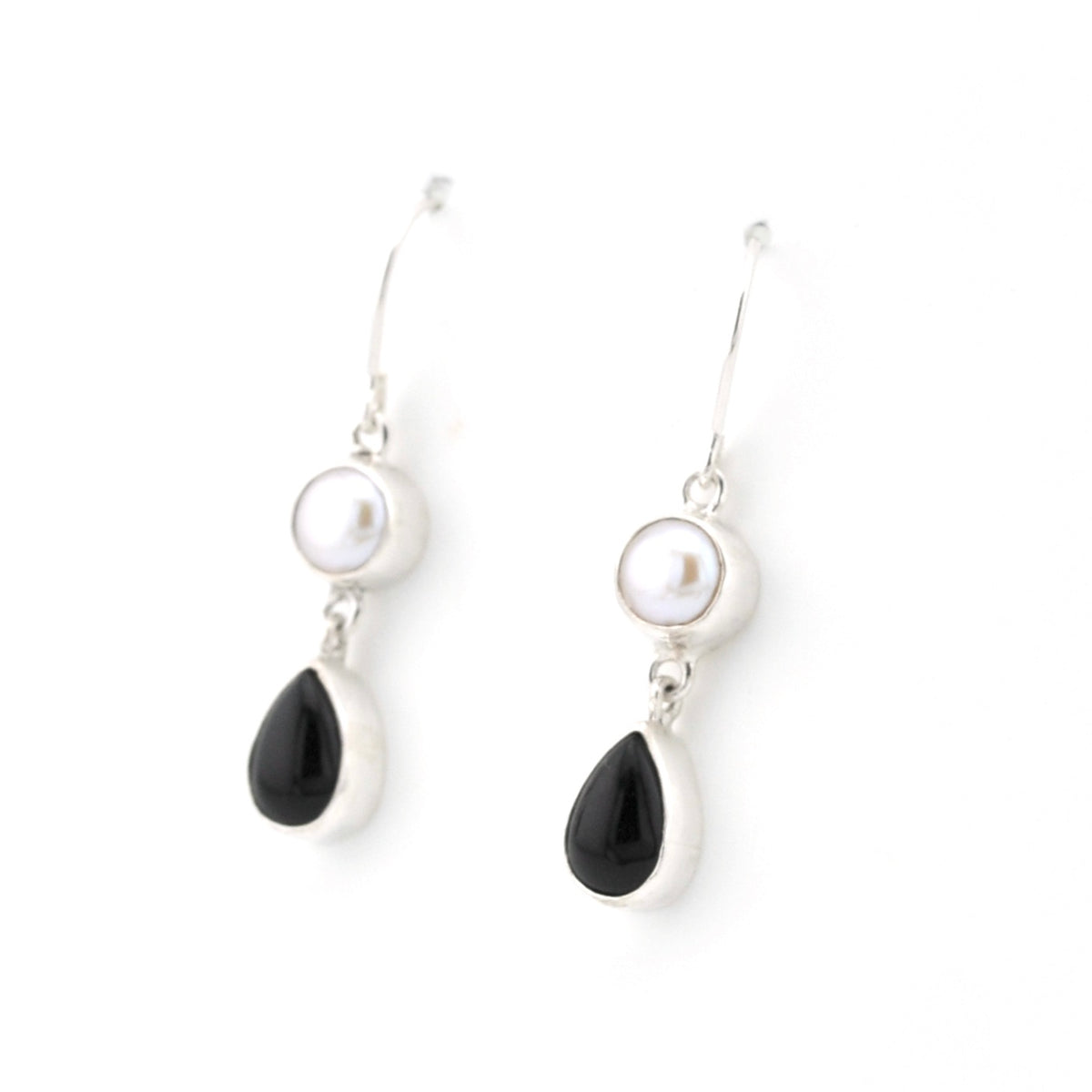 Silver Pearl Black Onyx Dangle Earrings on white background