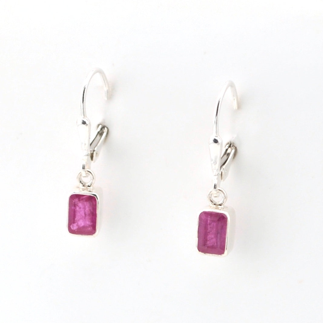 Side View Sterling Silver Ruby 4x6mm Rectangle Dangle Earrings