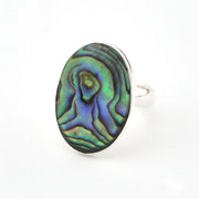 Ring with an abalone shell design on a white background
