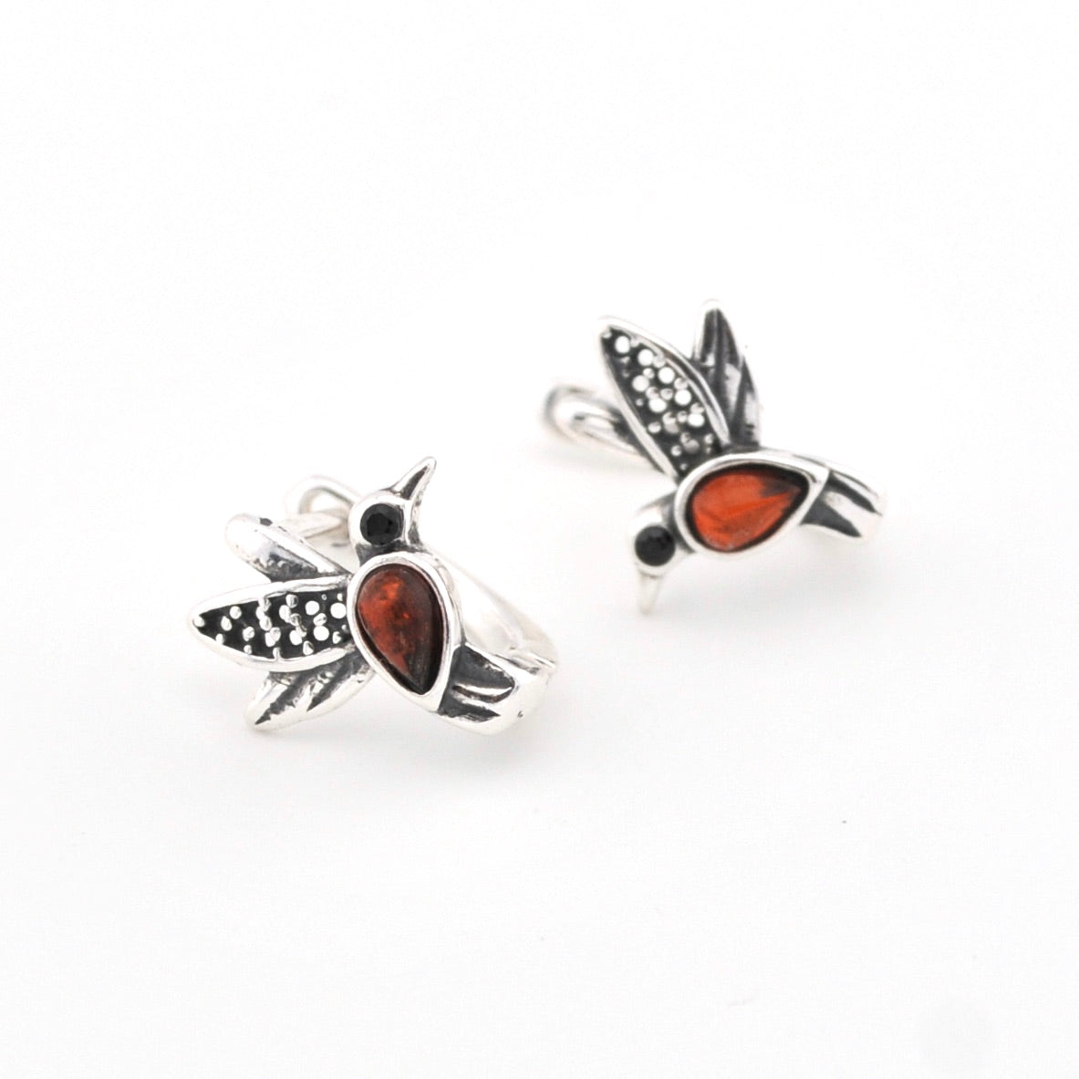 Silver Amber Hummingbird Huggie Earrings