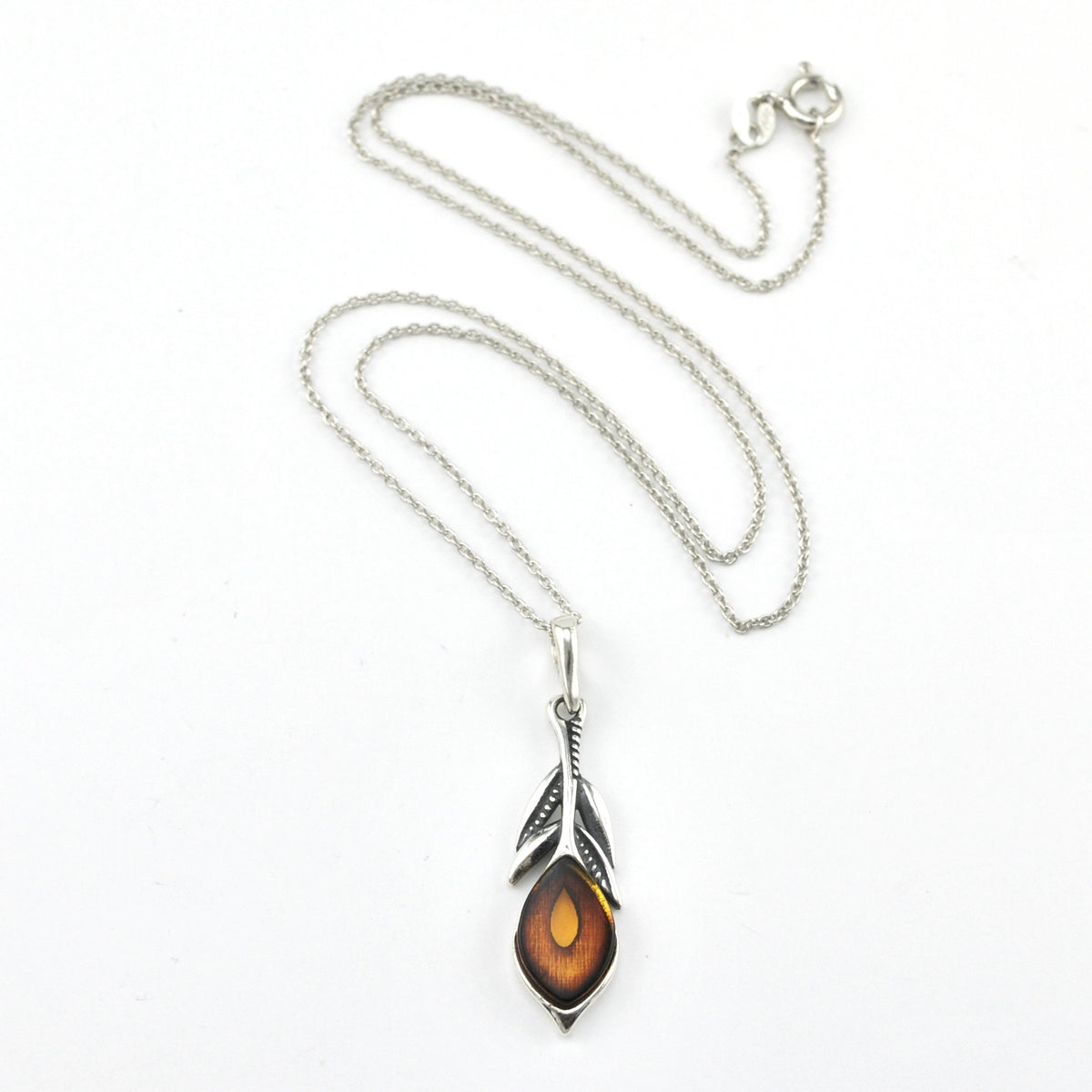 Silver Amber Peacock Feather Necklace