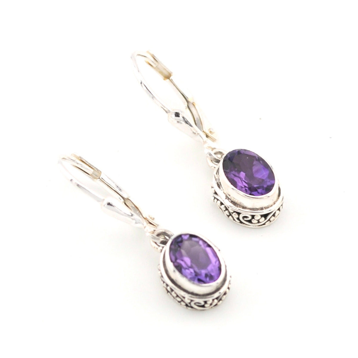 Silver Amethyst 5x7mm Oval Bali Dangle Earrings