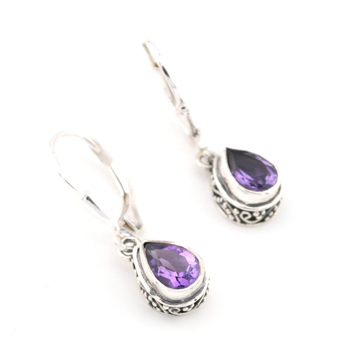 Silver Amethyst 5x7mm Tear Bali Dangle Earrings