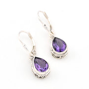 Silver Amethyst 7x9mm Tear Bali Dangle Earrings