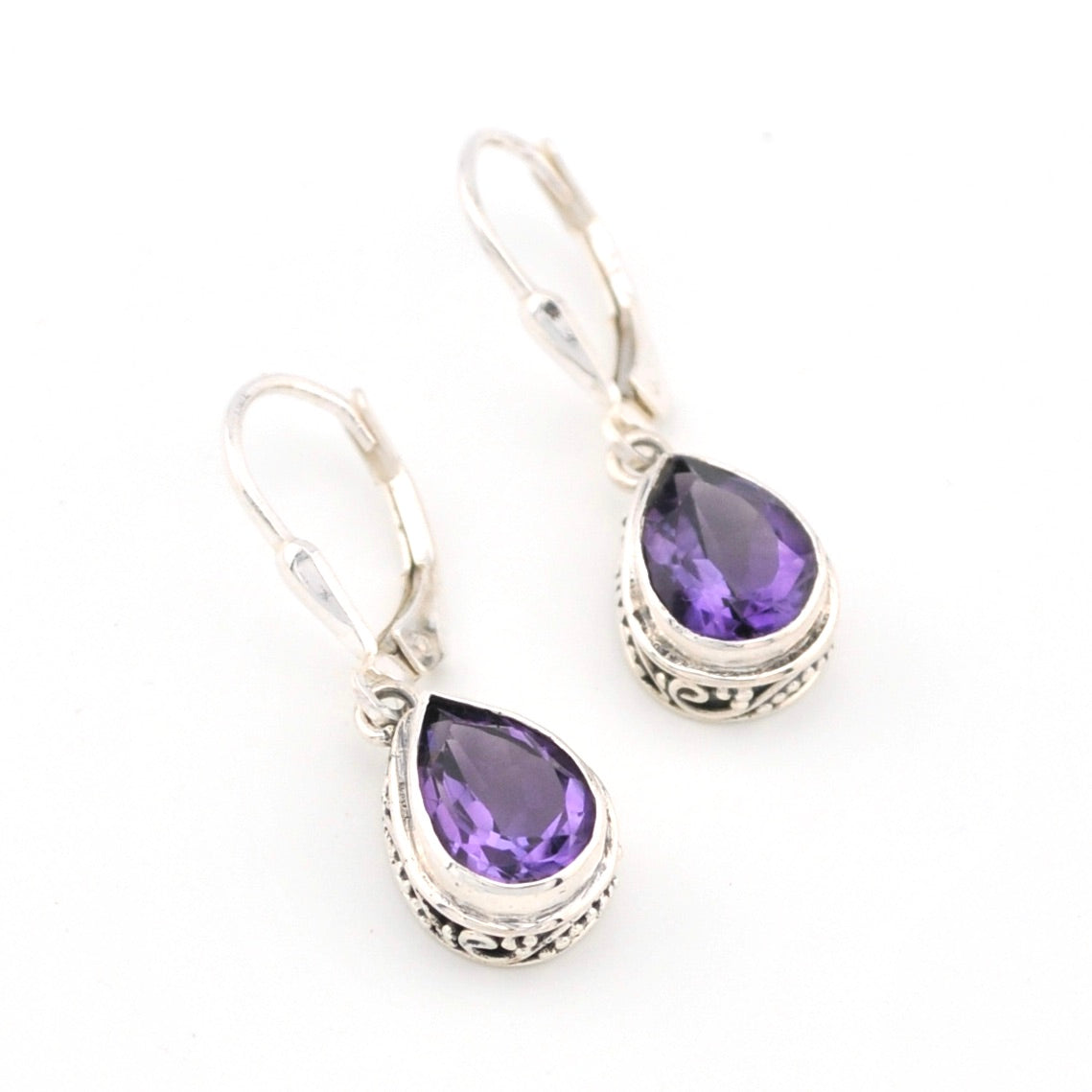 Silver Amethyst 7x9mm Tear Bali Dangle Earrings
