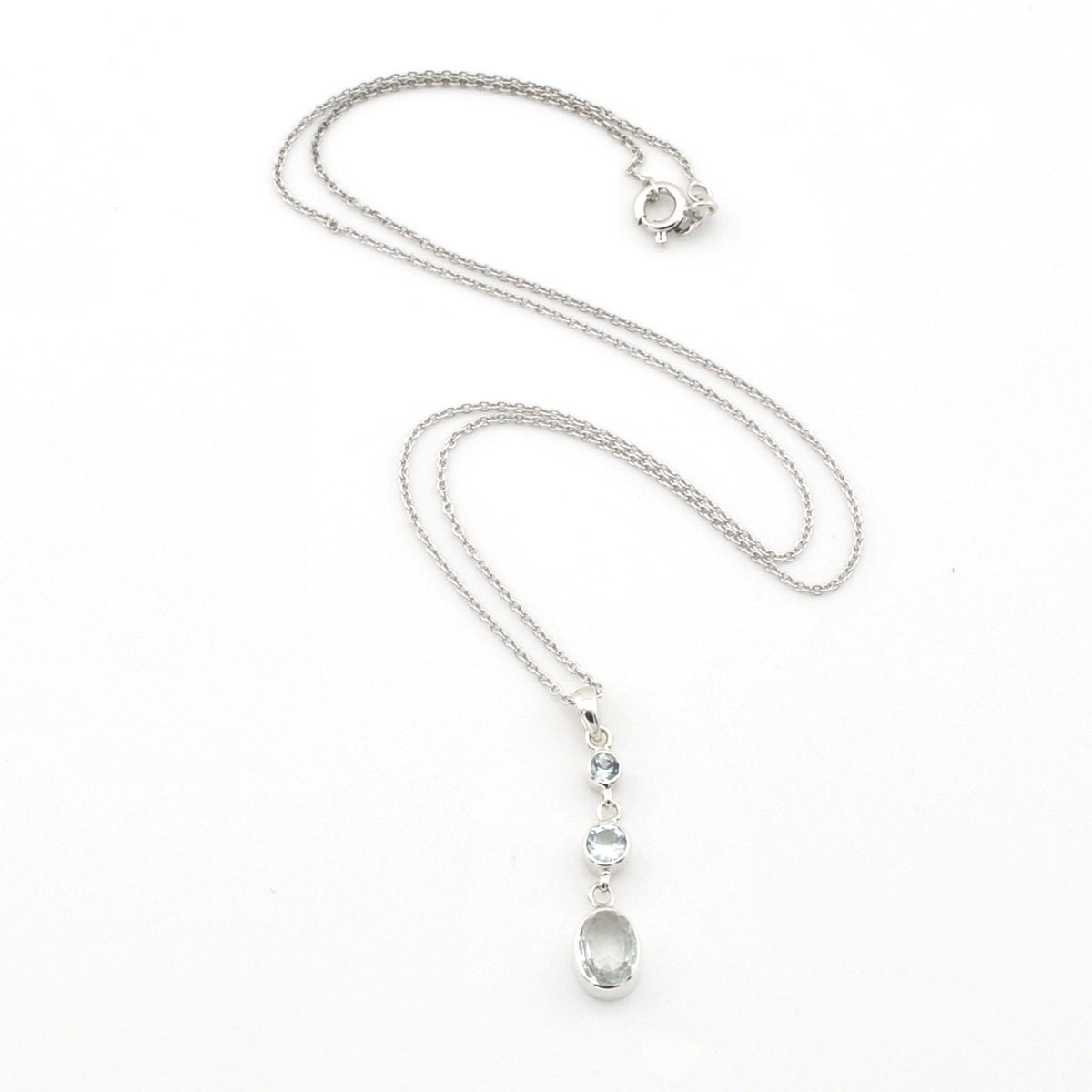 Silver Aquamarine Round Oval Necklace on white background