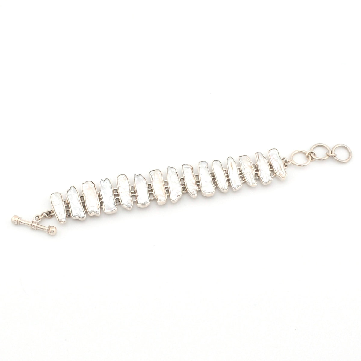 Silver Biwa Pearl Link Toggle Bracelet