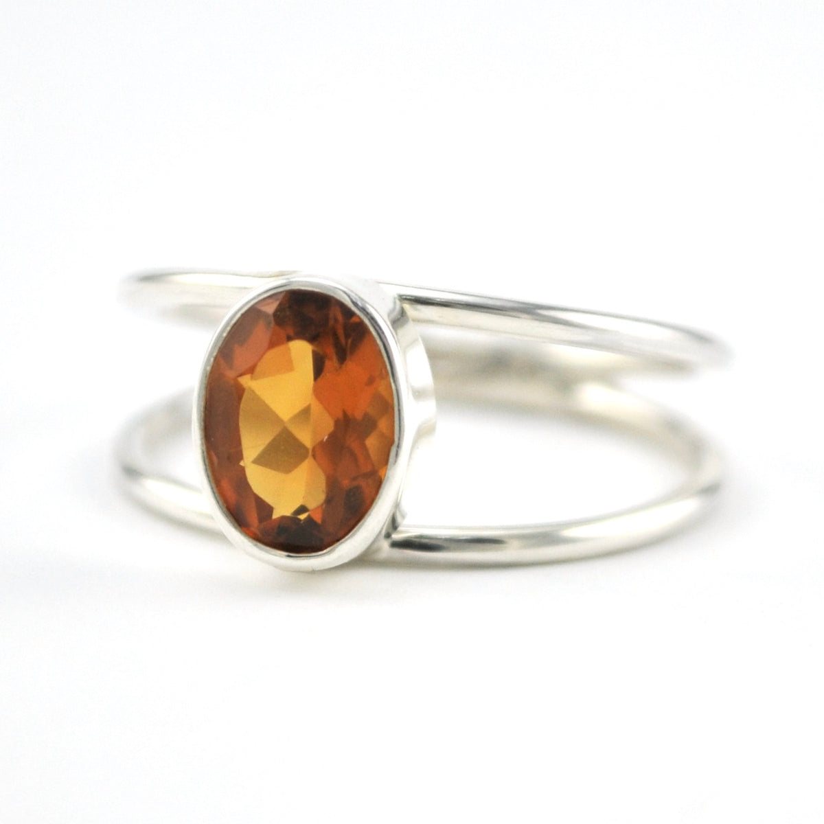 Silver Citrine 6x8mm Oval 2 Band Ring