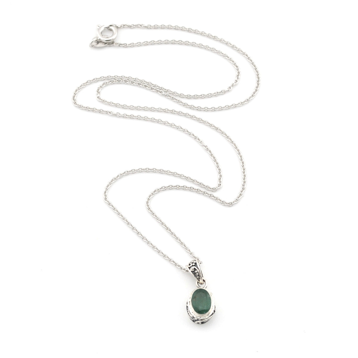 Silver Emerald 5x7mm Oval Bali Necklace