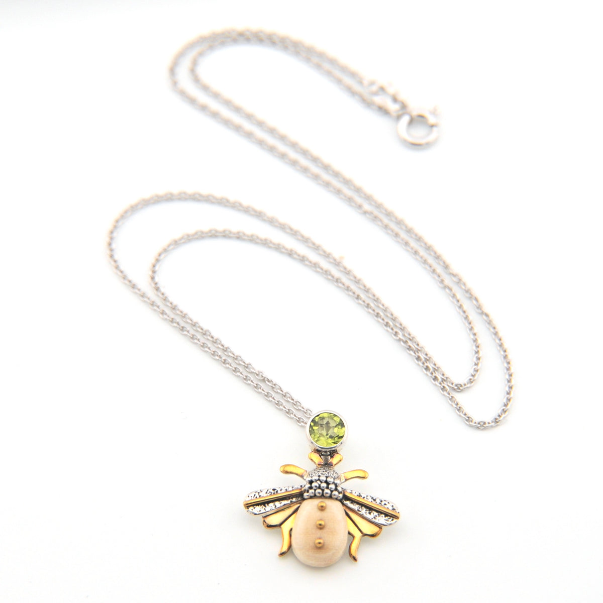 Silver Fossilized Ivory Peridot Bee Necklace