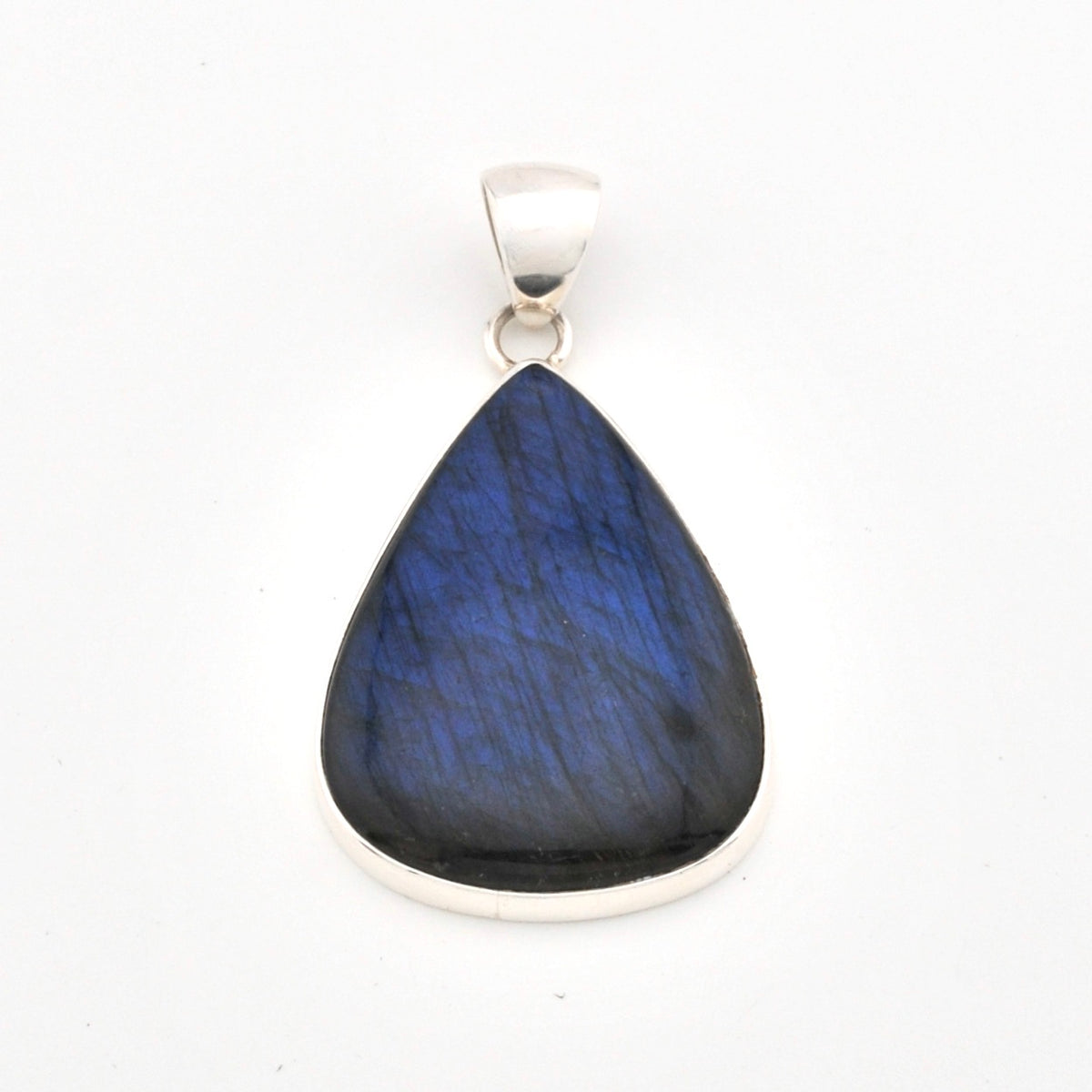 Teardrop-shaped blue pendant on a white background