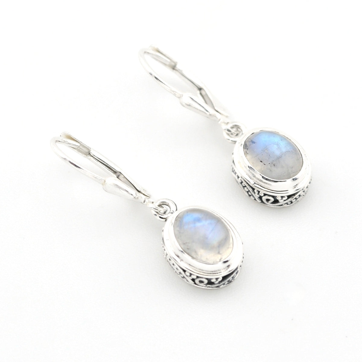 Silver Moonstone 6x8mm Oval Bali Dangle Earrings