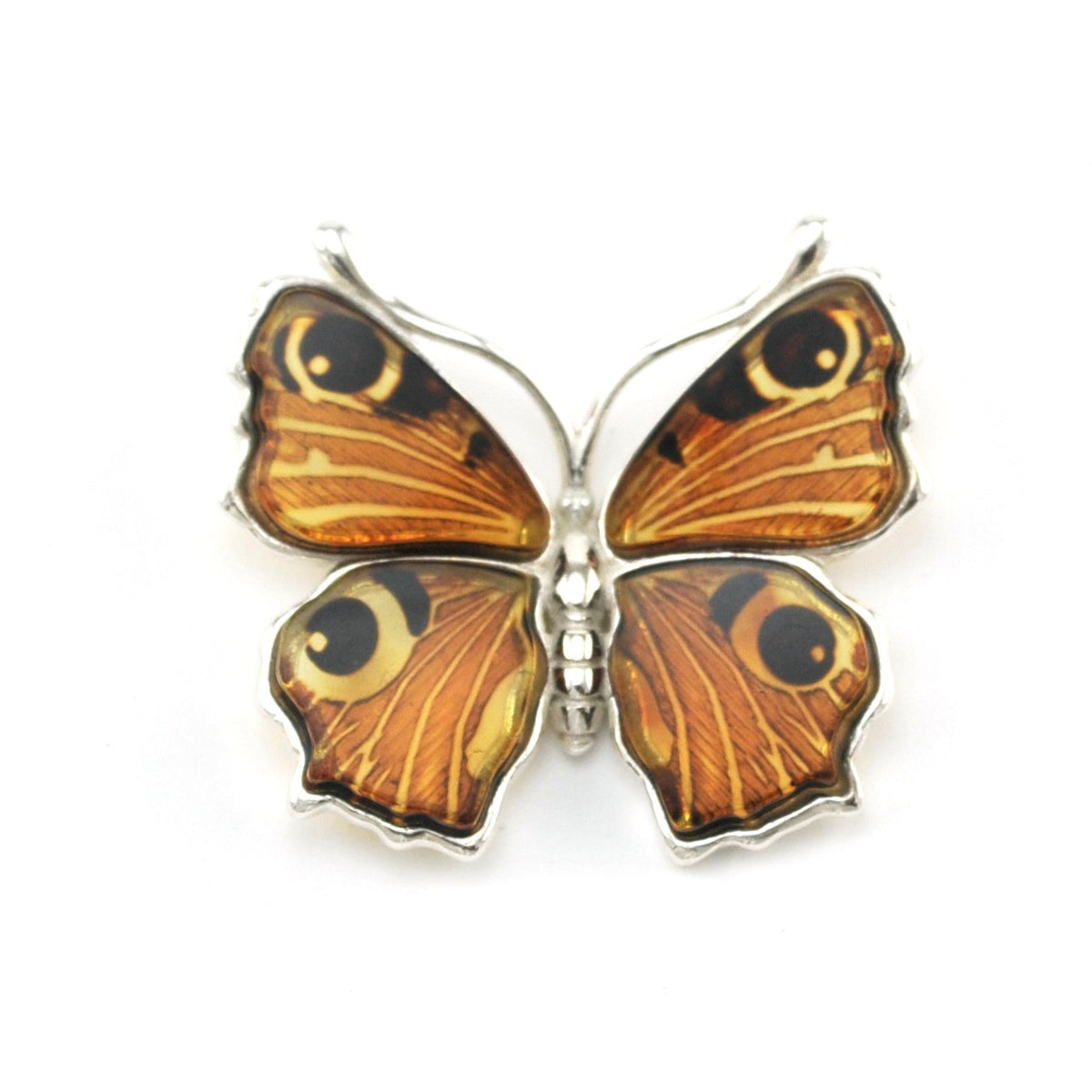 Silver Peacock Amber Butterfly Pendant