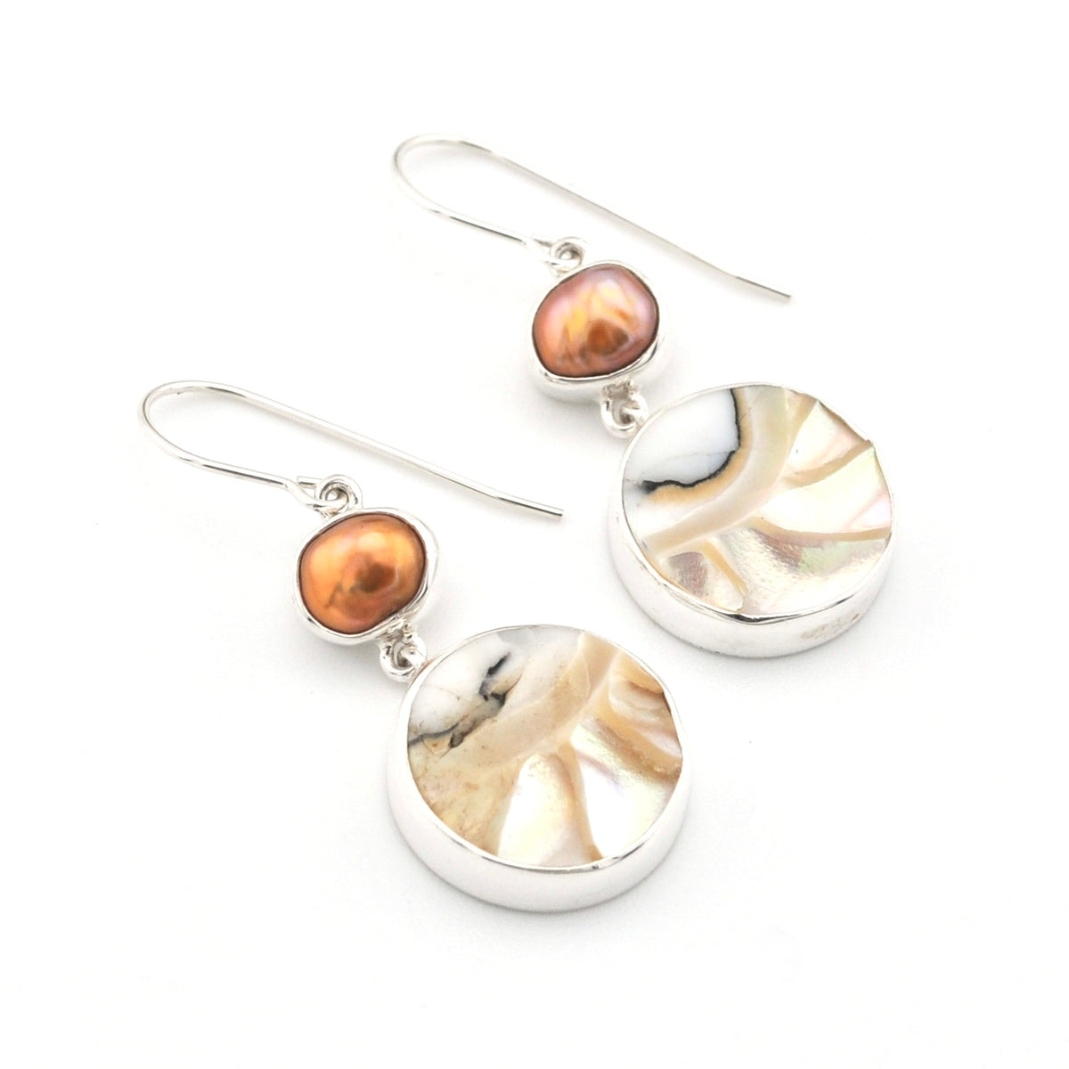 Silver Pearl Nautilus Shell Dangle Earrings on white background