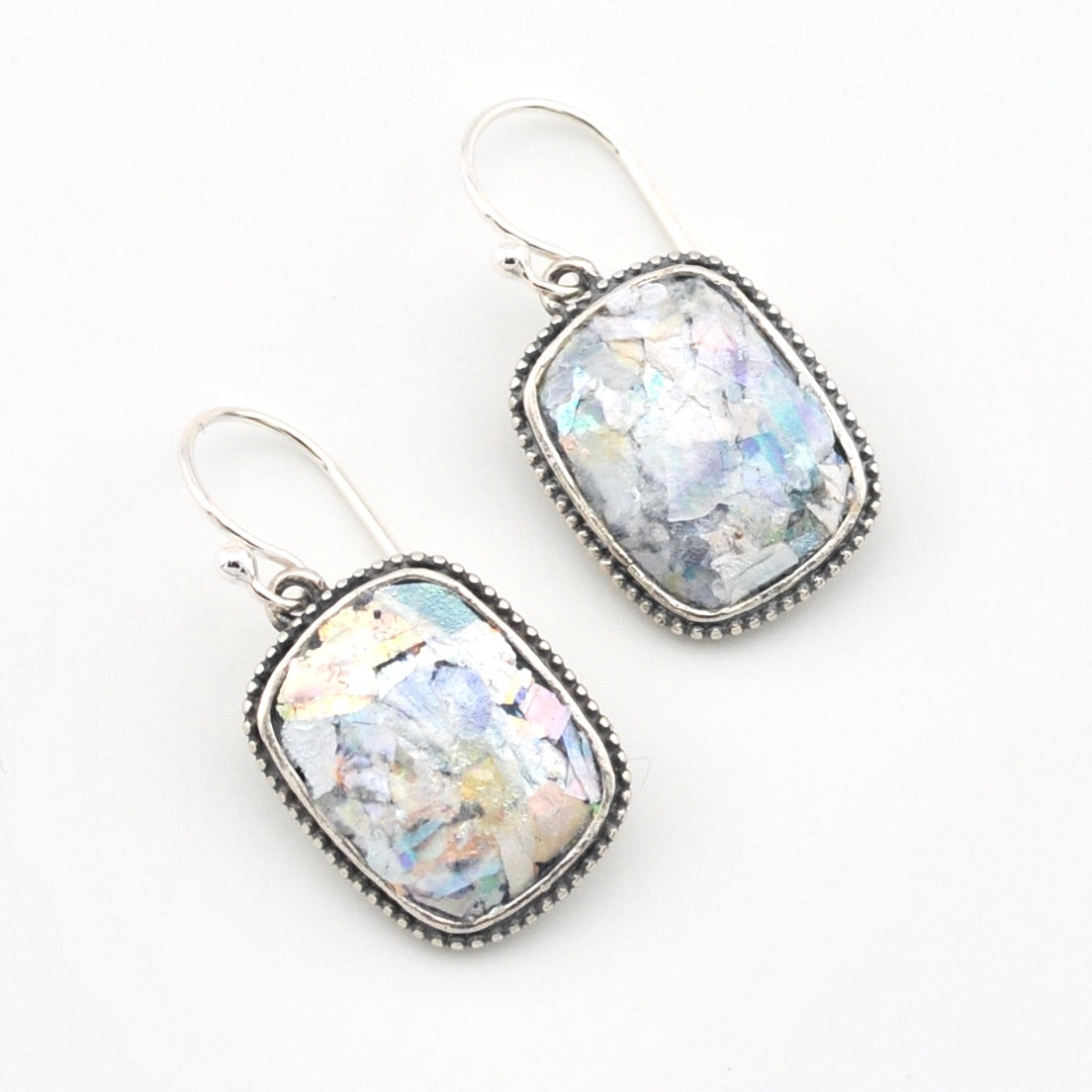 Silver Roman Glass Rectangle Dangle Earrings