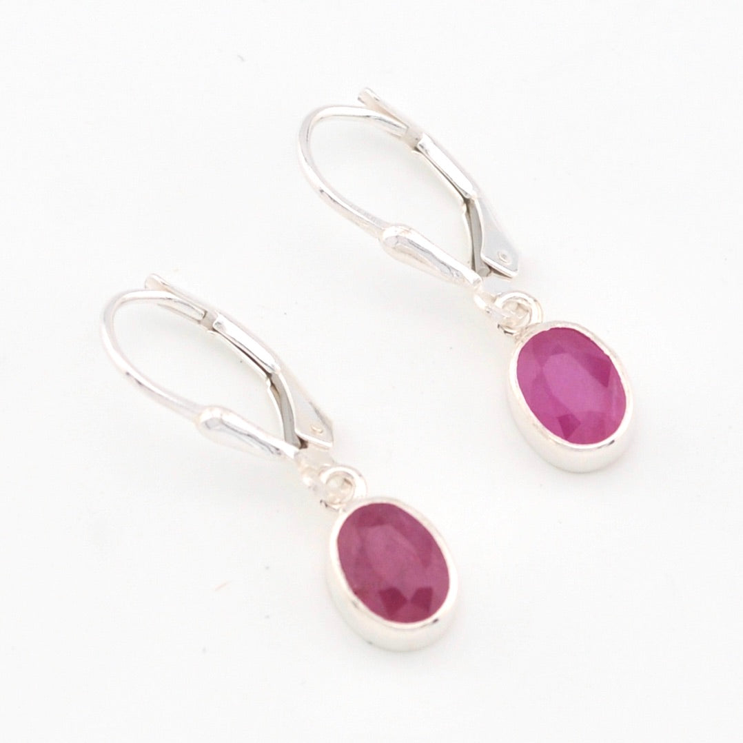 Silver Ruby 5x7mm Oval Dangle Earrings