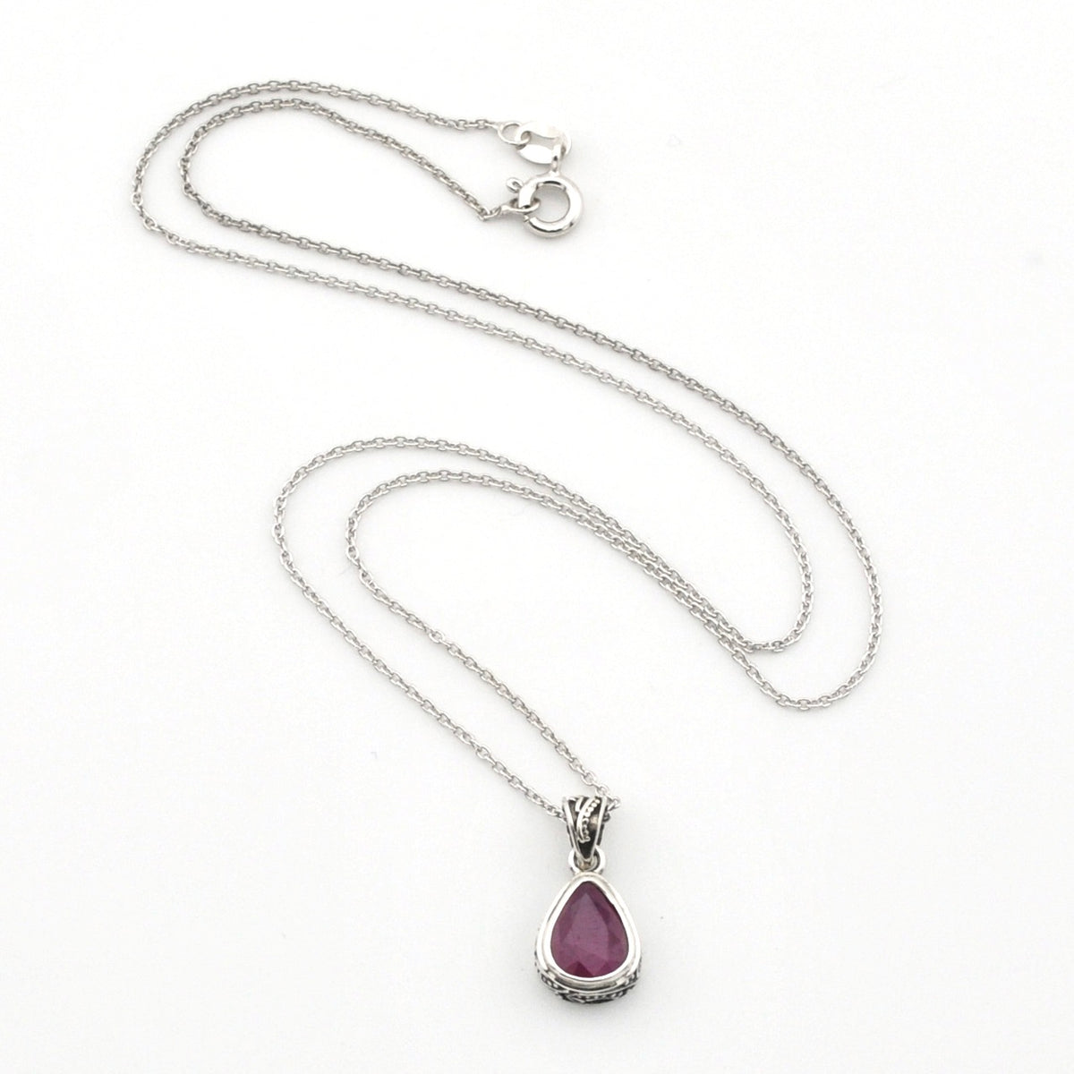 Silver Ruby 7x9mm Tear Bali Necklace