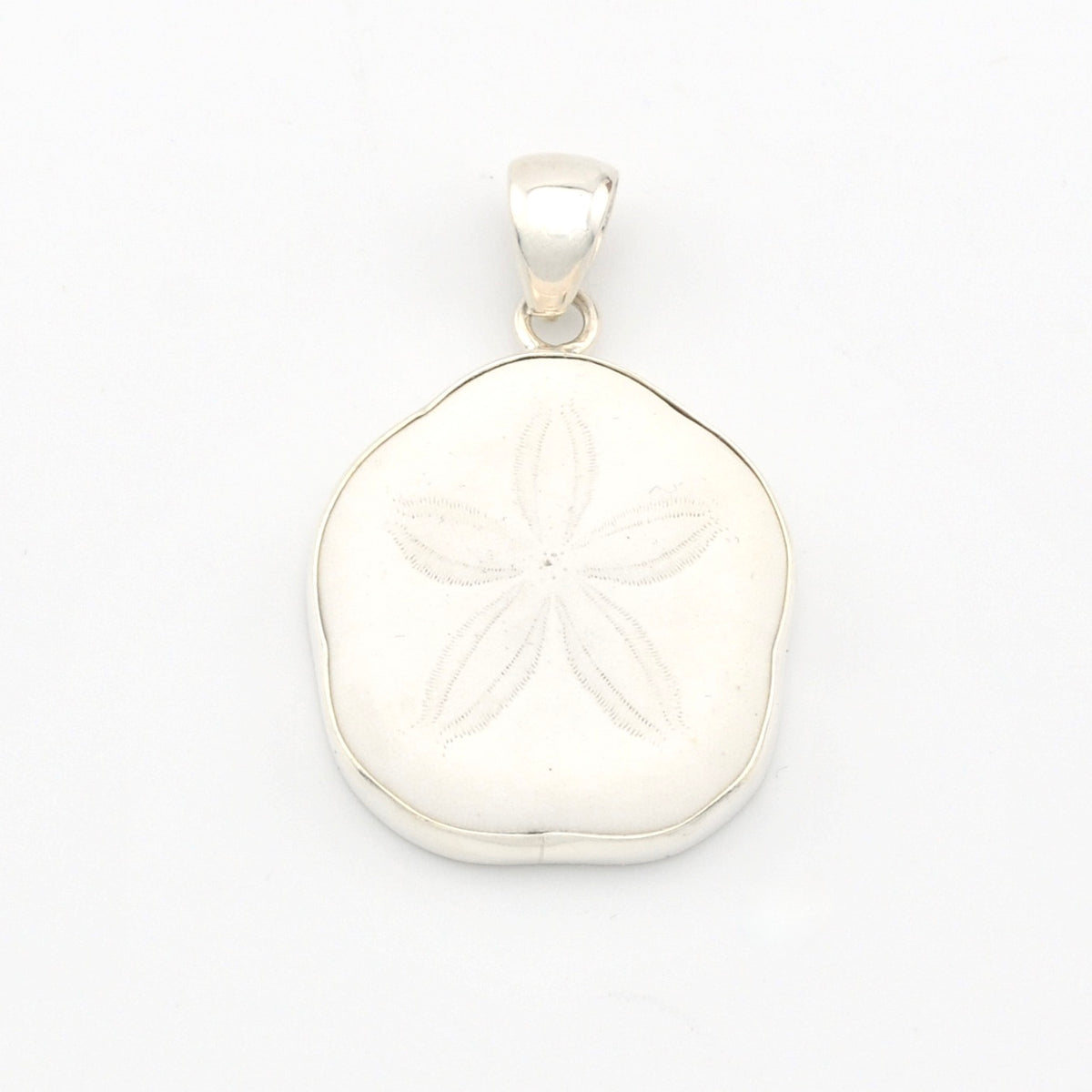Silver pendant with a sand dollar on a white background