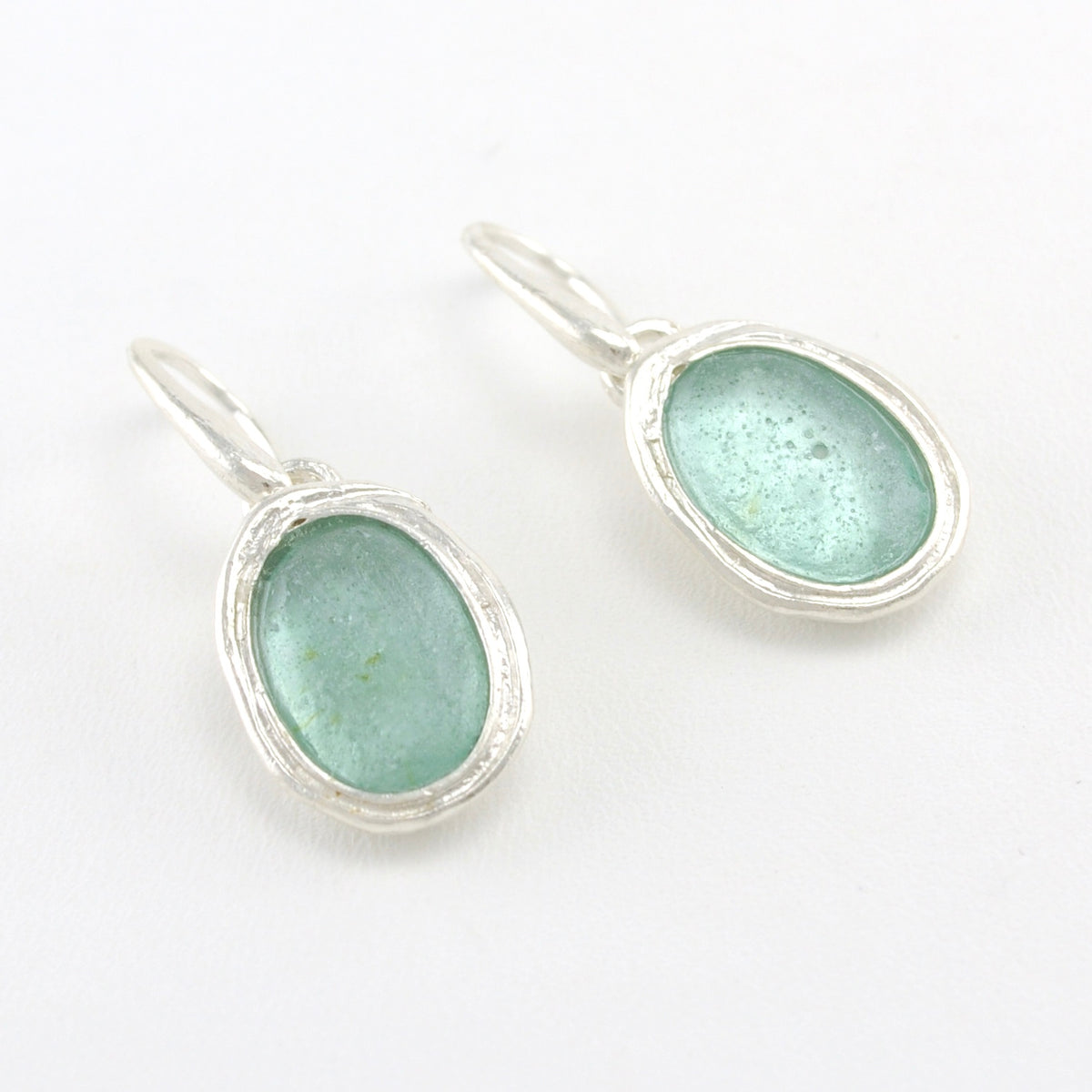 Silver Washed Roman Glass Oval Earrings