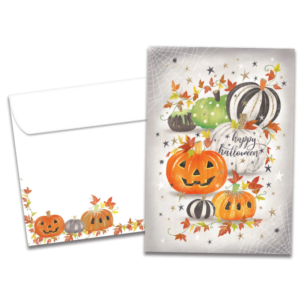 Halloween-themed card with pumpkins and leaves on a white background