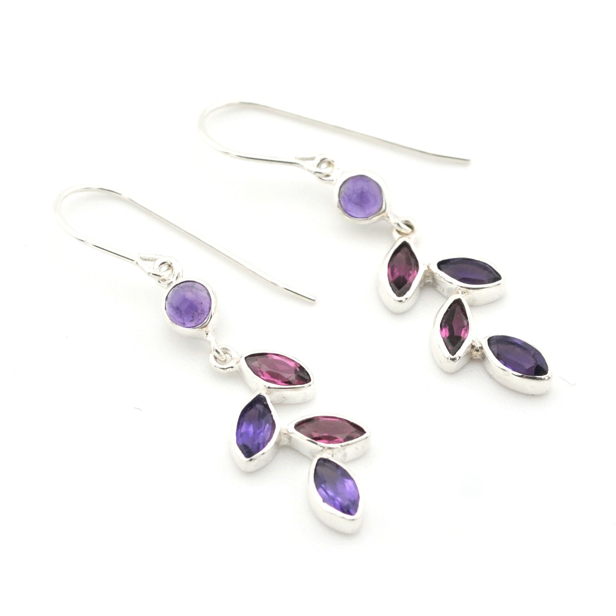 Silver Amethyst Rhodolite Garnet Marquise Earrings on white background