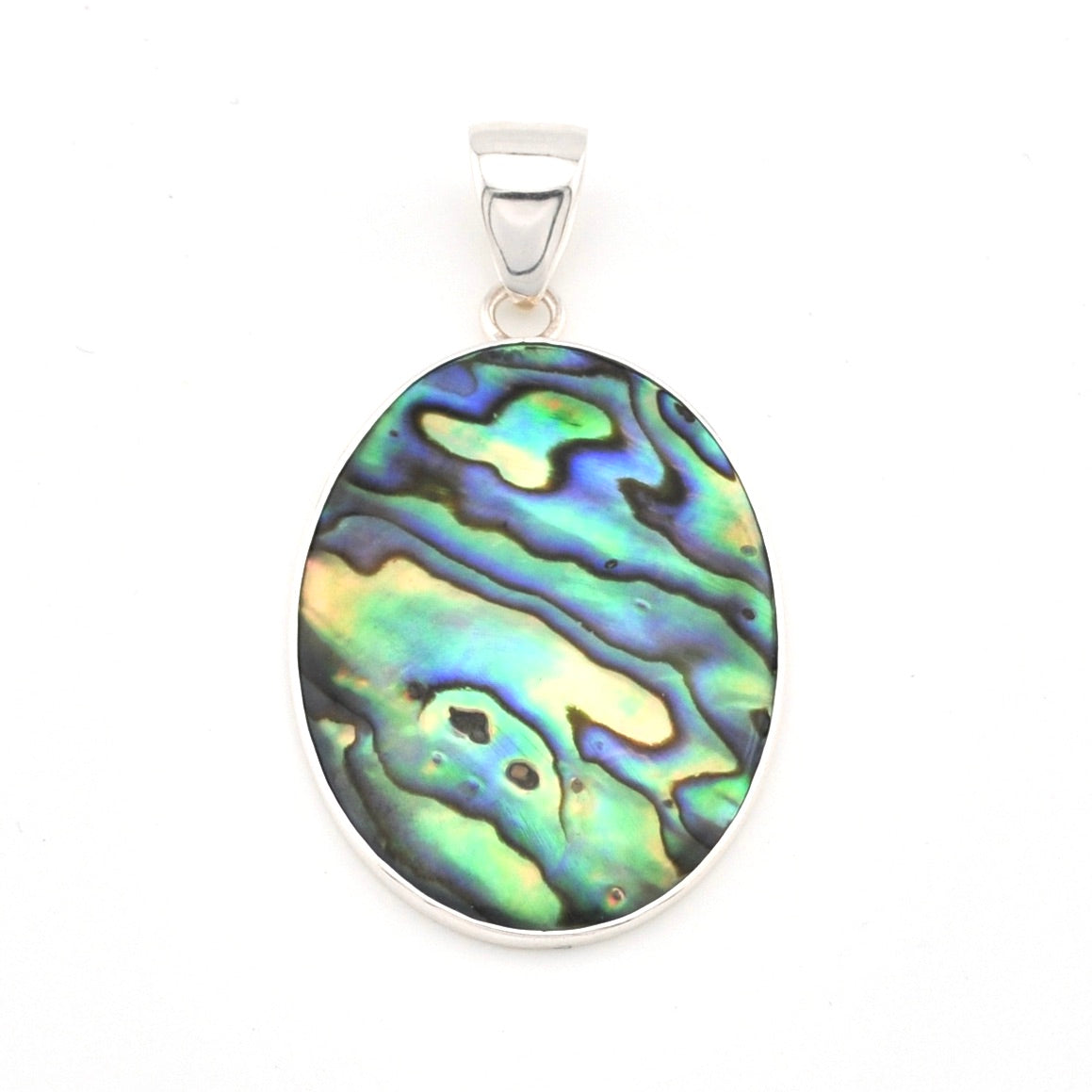Multicolored abalone shell pendant on a white background