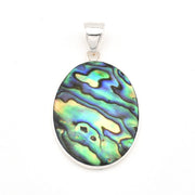 Multicolored abalone shell pendant on a white background