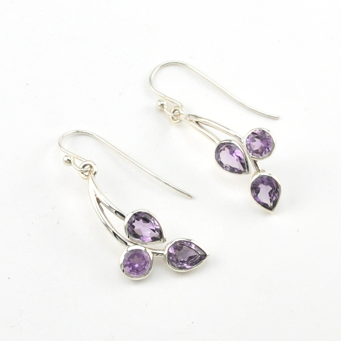 Sterling Silver Amethyst 3 Stone Drop Earrings