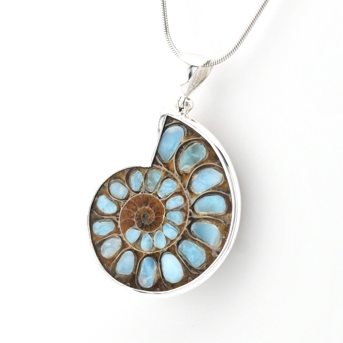 A silver pendant necklace featuring a polished ammonite shell section with light blue and brown fossilized segments, suspended from a silver chain against a plain white background.
